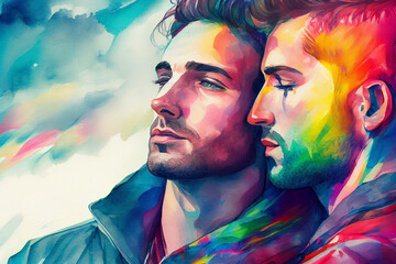 Fototapeta premium Two young men together, loving gay couple, ai illustration