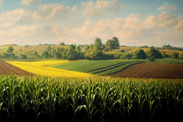 Beautiful Crop Farm Field With Cloudy Blue Sky - Illustration  