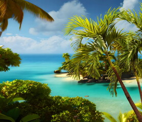 sunsert  on sky  Tropical  island seascape blured green  sea  water   white beach sand  and palm tree  nature landscape generated ai