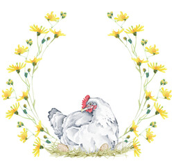Watercolor Meadow Flower Wreath with Hen. Hand drawn spring flower arrangement. Easter illustration - 564718533