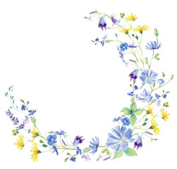 Watercolor Meadow Flower Wreath. Hand drawn spring flower arrangement. Easter illustration - 564718723