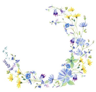 Watercolor Meadow Flower Wreath. Hand drawn spring flower arrangement. Easter illustration