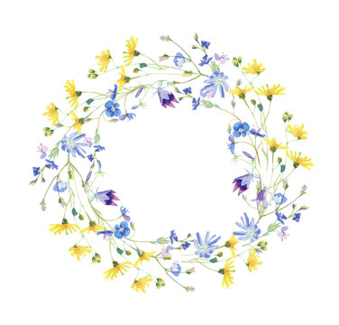 Watercolor Meadow Flower Wreath. Hand drawn spring flower arrangement. Easter illustration