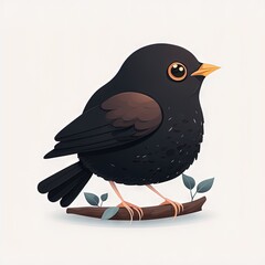 Obraz premium a black bird sitting on a branch with leaves around it's feet and eyes open, with a white background behind it, and a light gray background with a few small leaves,. generative ai