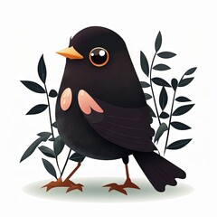 Obraz premium a black bird with a yellow beak and orange eyes sitting on a branch of a plant with leaves around it, with a white background, with a white background, and a black,. generative ai