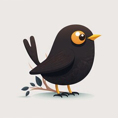 Obraz premium a black bird with a yellow beak and a yellow beak on its head sitting on a branch with leaves and leaves around its legs, with a white background, with a gray background,. generative ai