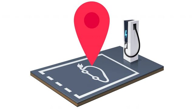 Animation loop of a map marker locating an electric car charger while hopping across the parking spot on white background