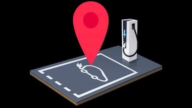 Animation loop of a map marker locating an electric car charger while hopping across the parking spot with alpha channel
