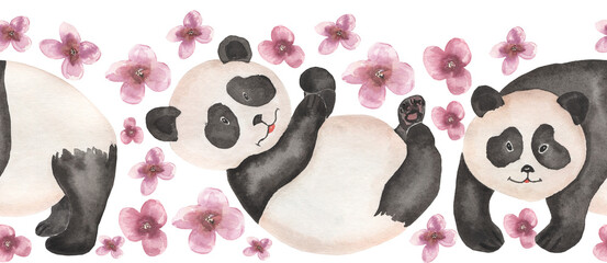 Panda and pink flowers frame, panda surrounded by flowers repeat border, hand drawn seamless border, Watercolor illustration, with cute bear clipart. Baby shower card template © MayaNavits