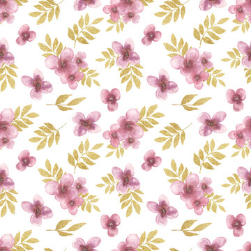 Golden leaves branch and pink flowers seamless pattern, hand drawn florals background, Watercolor flowers repeat paper. Textile design. © mayillustration