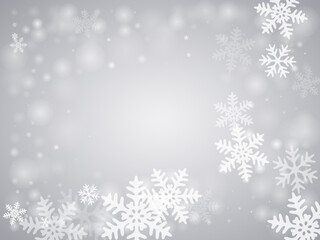 Fototapeta na wymiar Magical falling snowflakes design. Snowfall fleck freeze shapes. Snowfall sky white gray backdrop. Glimmer snowflakes christmas theme. Snow cold season landscape.