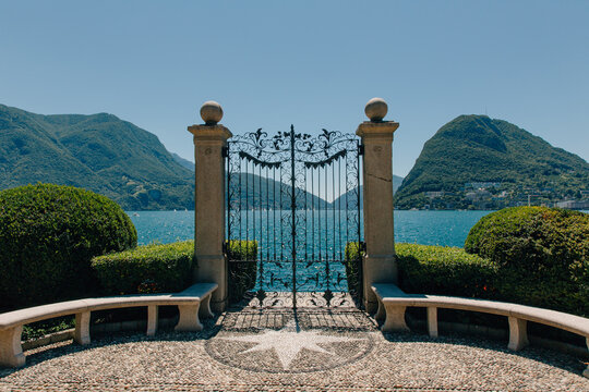 Old romantic garden gate at Parco Ciani in Lugano Switzerland