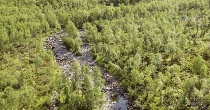 Aerial view of Galggojohka river on the E8 Nordlysveien road in summer when it&acute;s dried up, Storfjord, Troms og Finnmark, Norway. 