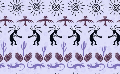 Kokopelli with flute, pangolin, hawk, sun symbol, hands and plant tribal vector seamless pattern.