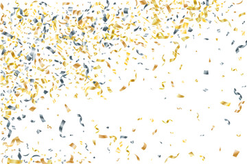 Silver gold falling confetti vector background. Party shiny striking decor.