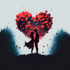 Obraz na płótnie Canvas A couple on a hill with a giant heart behind them. Generative image, AI Art 