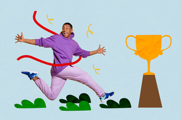 Creative collage portrait of sporty excited guy running cross finish line winner award trophy cup...