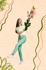 Vertical collage image of positive pretty girl arms hold fresh beautiful flowers isolated on drawing background