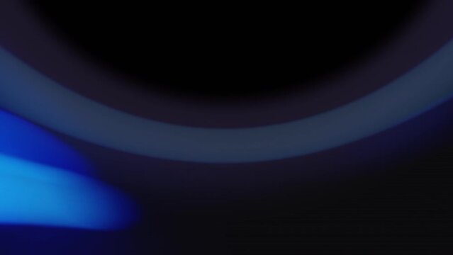 Neon background. Blur glow. Fluorescent flare. Defocused blue color LED light curves circle motion on dark black abstract futuristic free space.