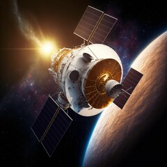 Satellite flying in the space with the earth in background created with generative AI technology