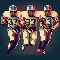 A comic group of USA college football players running on the field created with generative AI technology