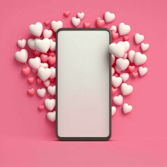 Blank phone with valentines hearts and pink background created with generative AI technology