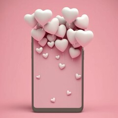 Blank phone with valentines hearts and pink background created with generative AI technology