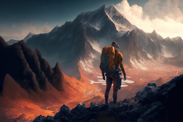 man with a backpack standing on a mountain, hike, travel, post-apocalypse, art illustration