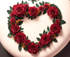 A heart-shaped wreath made of soft petals of red roses. Perfect for special love themed occasions such as Valentine’s Day and Wedding Anniversary. Generative AI.