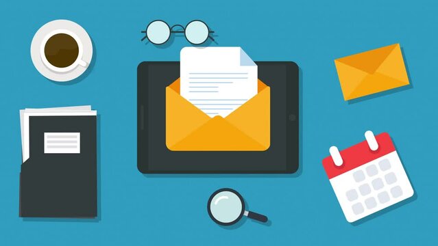 Envelope with documents motion animation concept. Workplace View Tablet With Paper Documents. Flat design. Workplace office and business work