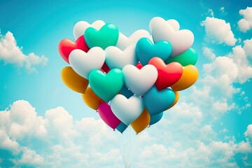 Fototapeta na wymiar llustration of flying colorful heart shape balloons on the blue sky background with white clouds. Generative AI.
