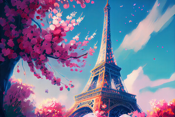 An oil painting of Paris spring view on Eiffel tower. - obrazy, fototapety, plakaty