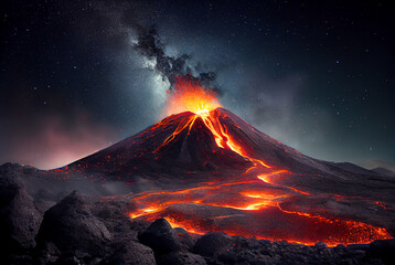 Volcano eruption with flowing hot magma at night. - 564724757