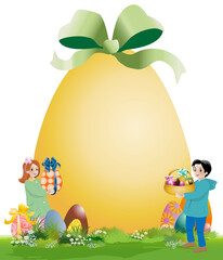 Fête de pâques - Un petit garçon qui porte un panier d’œufs et une petite fille porte un gros œuf, devant espace en forme d’œuf pour texte-fond transparent