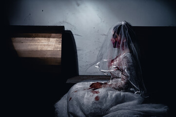 Halloween festival concept,Asian woman makeup ghost face,Bride zombie charactor,Horror movie wallpaper or poster