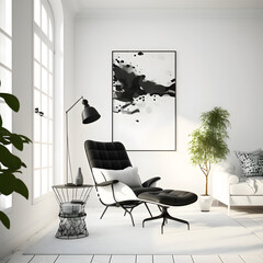 Cozy modern living room interior with Black armchair and decoration room on a white or white wall background
