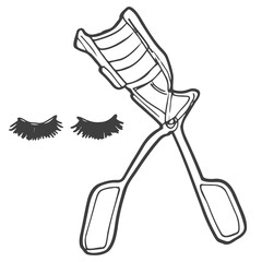 Vector isolated illustration of eyelash curler and false lashes.