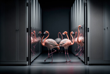 art and design concept flamingo birds walking in computer server room technology and nature merging concept,generative ai.