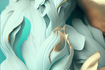 abstract beautiful soft feathers and fur, extrem evolution,fantasy green white and gold pastel colors background,generative ai.