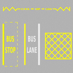 A set of white and yellow vector graphic road markings which are painted on to the surface of the road