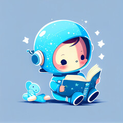 Fototapeta premium a cute baby in astronaut costume reading a book, cartoon style, created with generative AI