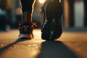close up  of a runner's feet modern shoe on a modern street background,generative ai.