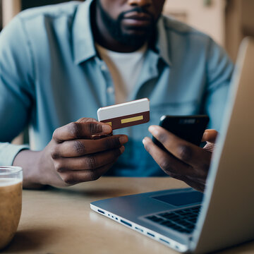 Hombre afroamericano utilizando una tarjeta de crédito, en casa, pagando con un teléfono móvil