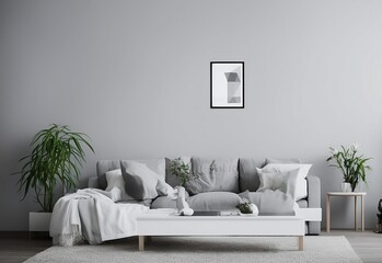 A mockup of an empty picture frame on a gray wall in a white living room with a modern Scandinavian design, depicting an art display as part of a home staging and minimalism concept. clean sharp edges