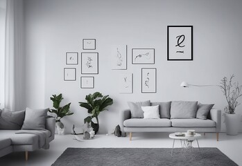 A mockup of an empty picture frame on a gray wall in a white living room with a modern Scandinavian design, depicting an art display as part of a home staging and minimalism concept. clean sharp edges