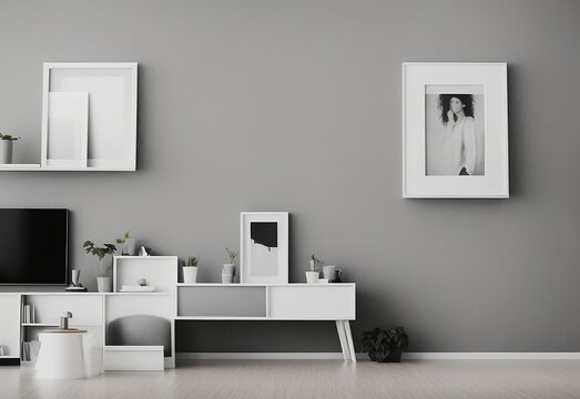 A mockup of an empty picture frame on a gray wall in a white living room with a modern Scandinavian design, depicting an art display as part of a home staging and minimalism concept. clean sharp edges