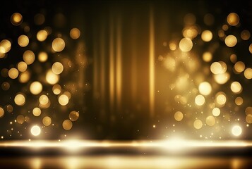 illustration of abstract gold bokeh background,  golden spotlights shine on stage floor in dark room, idea for background, backdrop, mock up Generative Ai