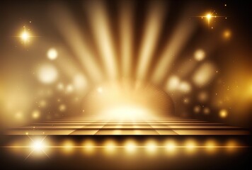 Fototapeta na wymiar illustration of abstract gold bokeh background, golden spotlights shine on stage floor in dark room, idea for background, backdrop, mock up Generative Ai