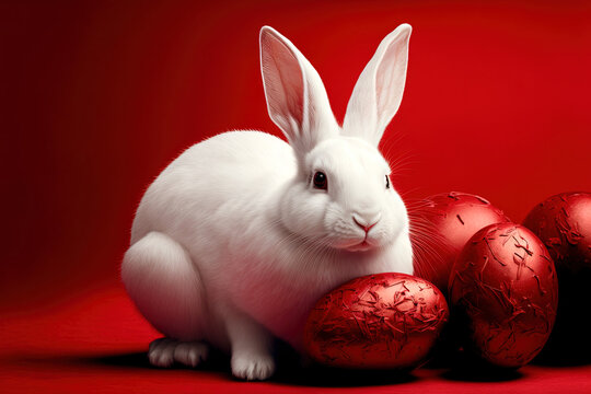 Generative AI of cuddly Easter bunny and Red Eggs: Colored Bunnies and Red Eggs for a Festive Easter Celebration