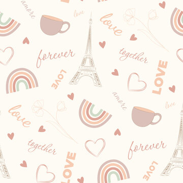 pattern with eiffel tower, rainbow, hearts and flowers